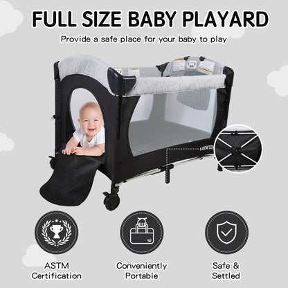 Loewten Baby Bassinet, 5 in 1 Foldable Playard Playpen Bedside Bassinet with Changing Table for Infant Newborn,Activity Center for Baby,Black,0-36 Months