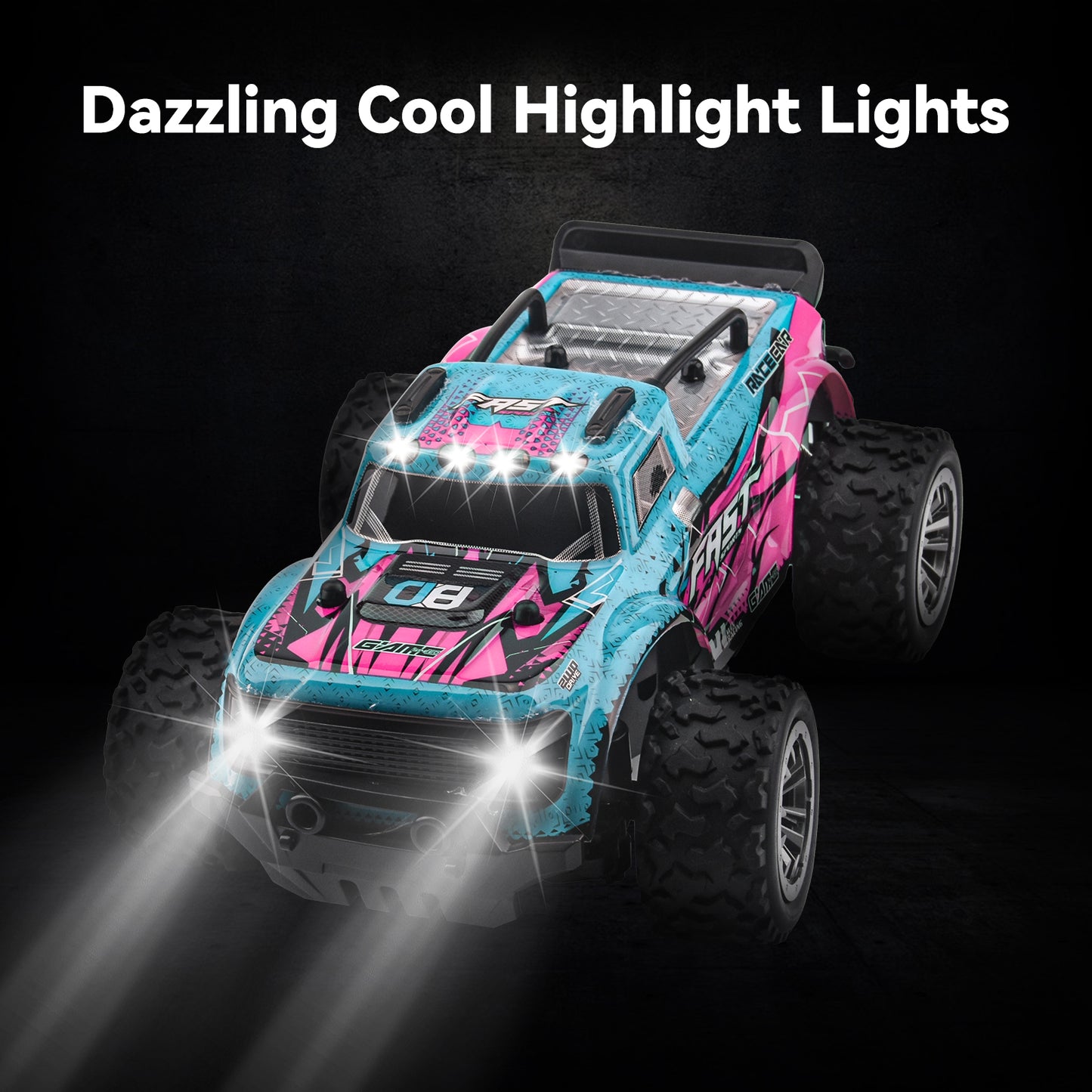DOMQGA Remote Control Car for Boys Girls,1:20 Off Road RC Car with Cool Lights,2.4 GHz RC Monster Truck All Terrains Electric Toy Car with 2 Rechargeable Batteries