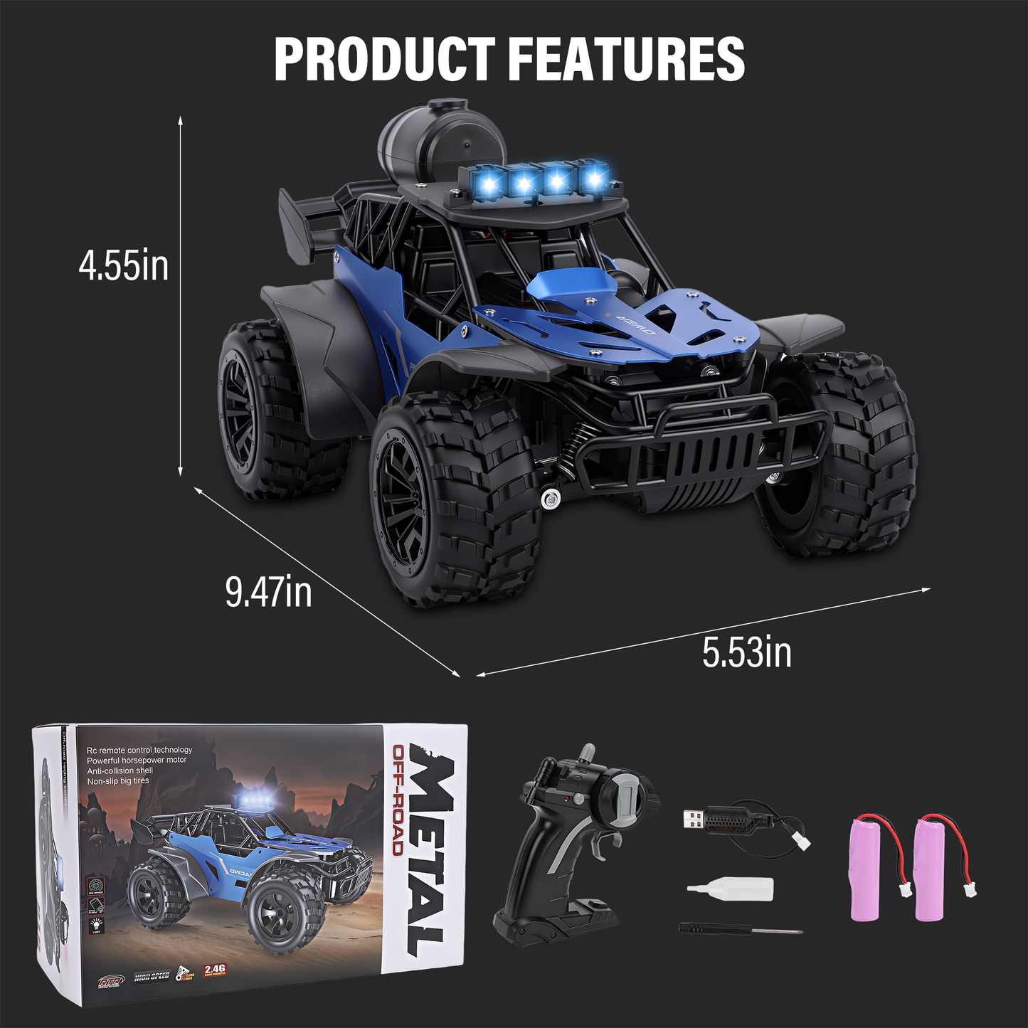 FAGINEY RC Cars with Spray Function 1:18 Off-Road Vehicle with LED Lights, 2 Batteries Included, Remote Control Toy Gift for Kids Adults, Blue