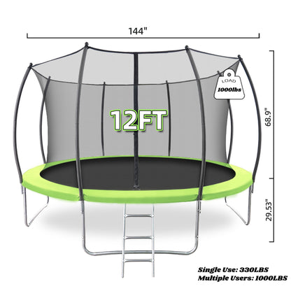 12FT Trampoline High-Durability Safe and Large Backyard Trampoline with Enclosure Net and Ladder, Perfect for Kids and Adults, 1000lbs Weight capacity - Ideal for Outdoor Fun and Exercise