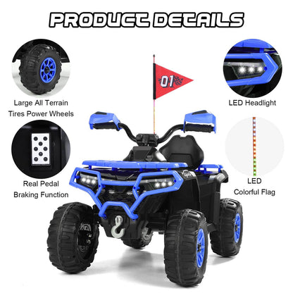 Kids ATV 4 Wheeler, 24V Ride on Toys with 2 Seater, Electric Car w/ Bluetooth/MP3 ,and Flag,Blue