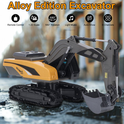 Remote Control Excavator Toys with Metal Shovel & Lights, 8 Channel RC Truck Rechargeable Tractor Toy Gift for Boys Girls Kids 3-8 Years Old