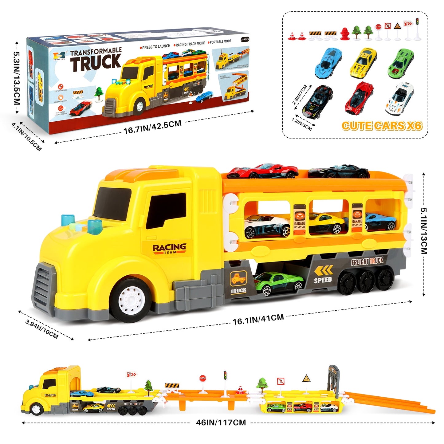 7 in 1 Carrier Truck Toy Cars for Toddlers 1-3 with Light and Sound, Christmas Birthday Gifts, Yellow