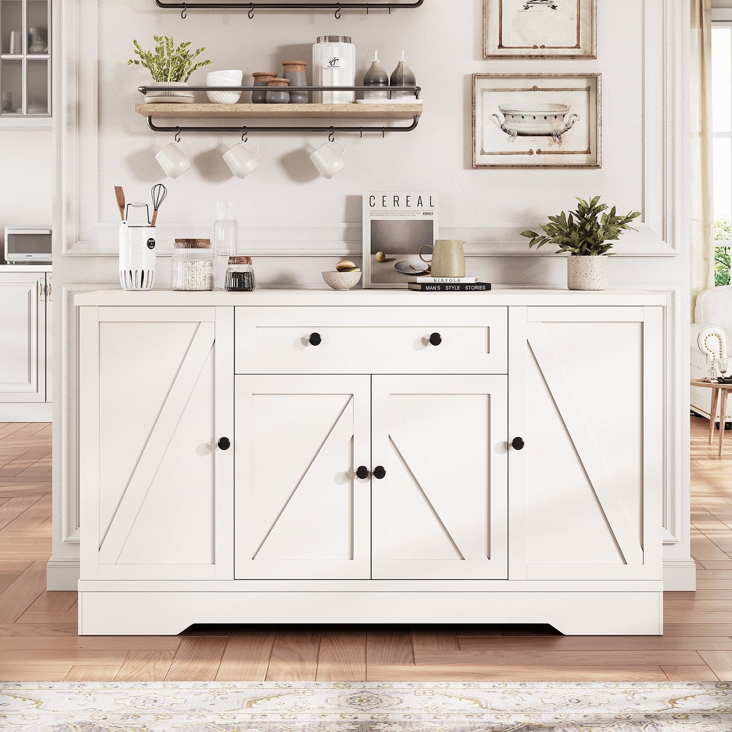 LAFGUR 54" Kitchen Storage Cabinet,Farmhouse Buffet Sideboard with Pull-Out Shelves & Drawer,White