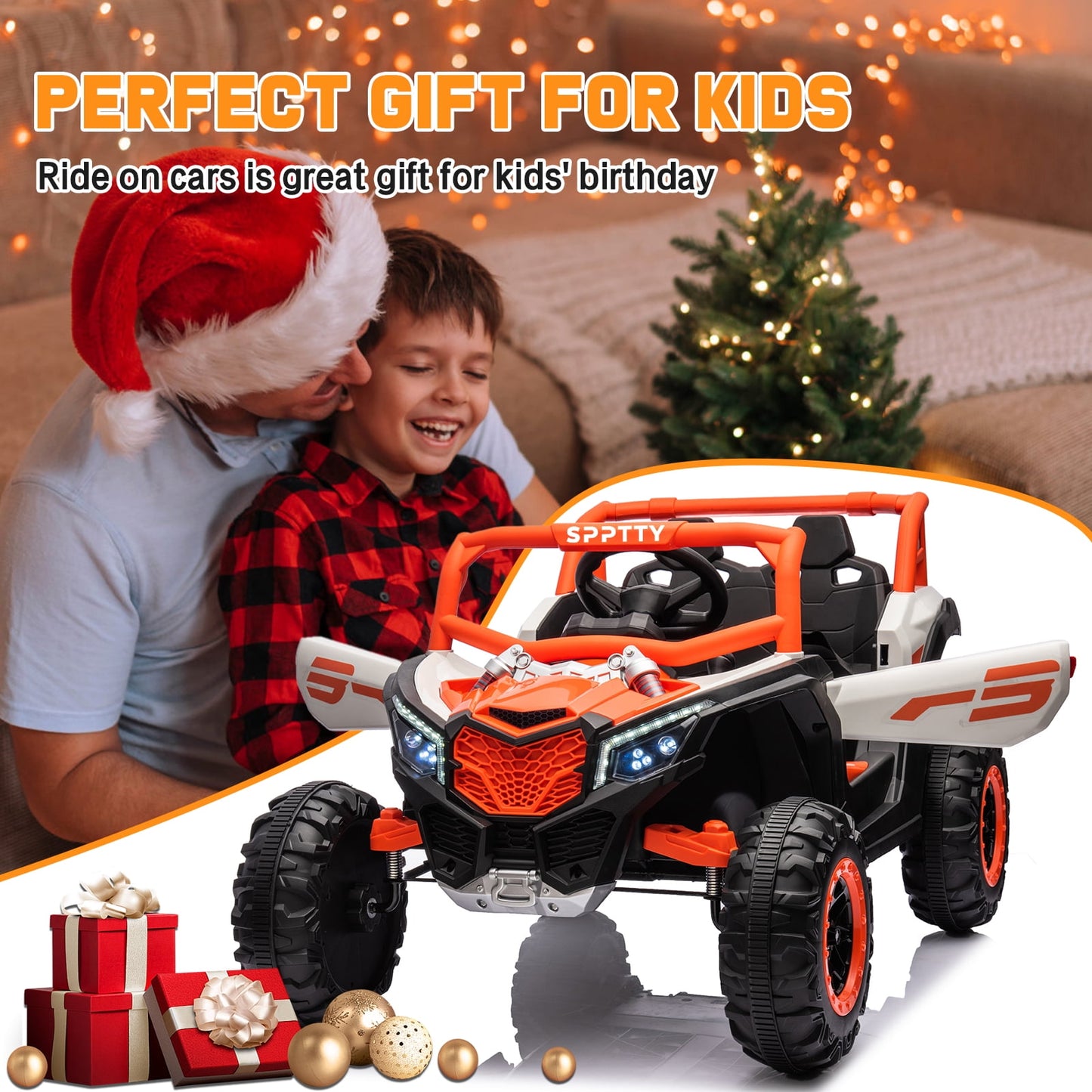 24V Ride on Toys with Remote Control,4WD Ride on Car for Kids, Electric UTV with PU Leather 2 Seater,3-8Years