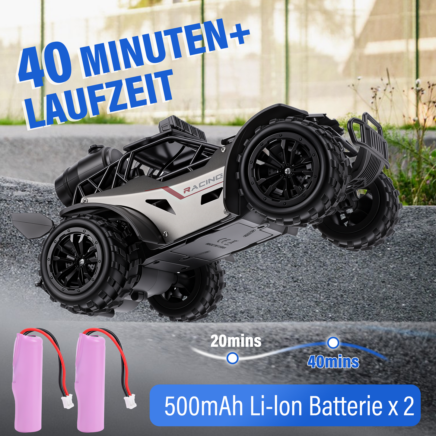 FAGINEY RC Cars with Spray Function 1:18 Off-Road Vehicle with LED Lights, 2 Batteries Included, Remote Control Toy Gift for Kids Adults, Grey