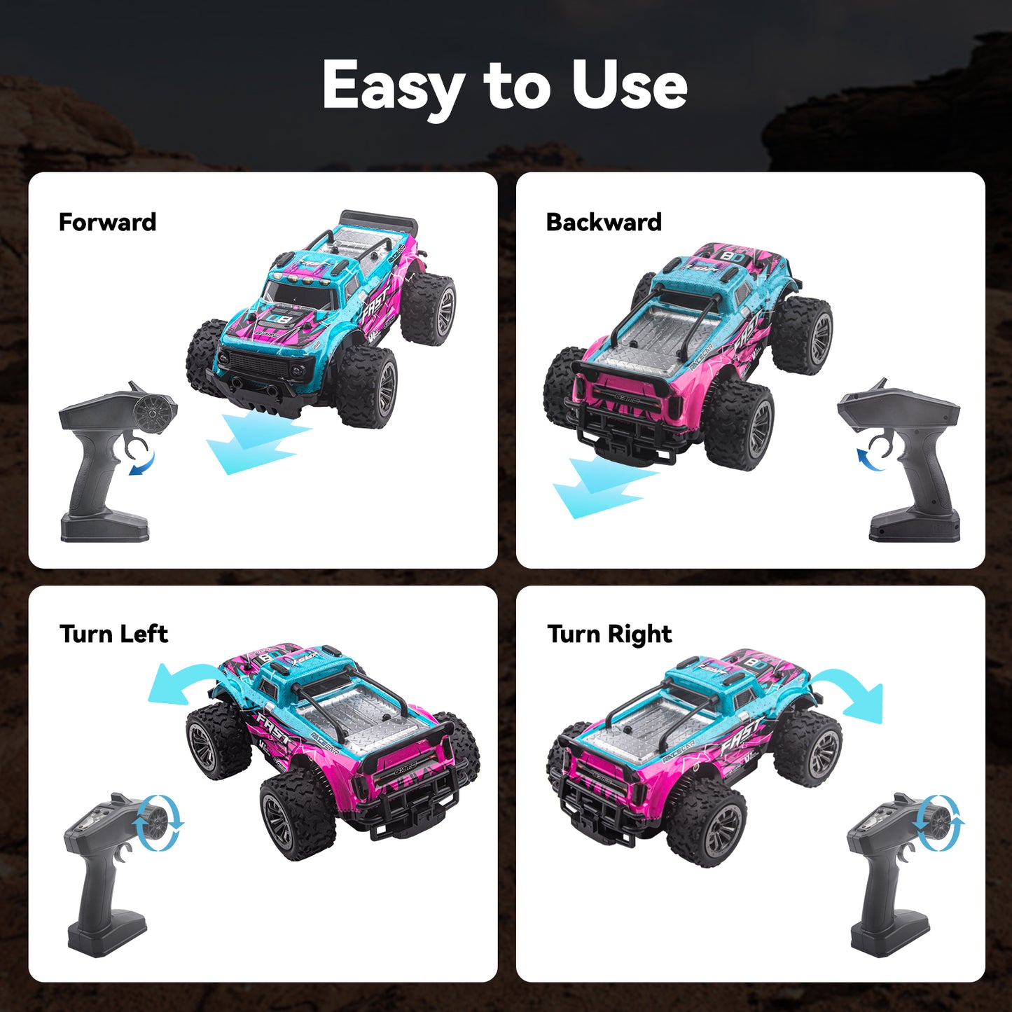 DOMQGA Remote Control Car for Boys Girls,1:20 Off Road RC Car with Cool Lights,2.4 GHz RC Monster Truck All Terrains Electric Toy Car with 2 Rechargeable Batteries