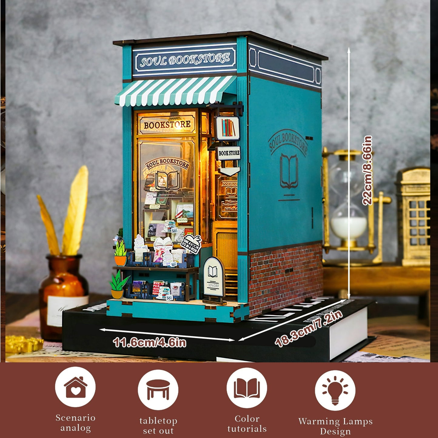 Crtynell DIY Miniature Dollhouse Kit, Book Nook Kit DIY Miniature House, Wooden Dollhouse Kit, Best Birthday and Christmas Gifts for Women and Girls (Soul Bookstore)