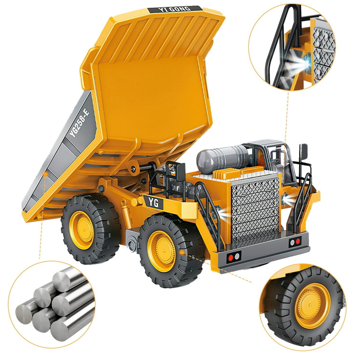 RC Dump Truck , 9-Channel Remote Control Car with Metal Bed & Light,Construction Truck Birthday Gift for Ages 3-12