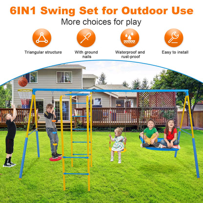 KALNUR 6 in 1 Swing Sets for Outside,A-Frame Swing Set with Monkey Bars,3 Swing,Climbing Frame,Basketball Hoop