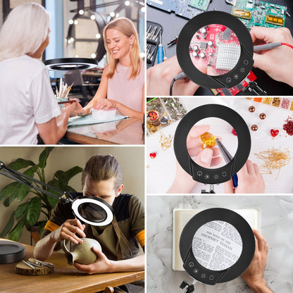 10x Magnifying Glass With Light And Stand, 3 Color Stepless Dimmable Magnifying Lamp, 2-In-1 Led Work Deak Lamp & Clamp, Lighted Magnifying Glass For Craft Hobby Reading Close Workbench