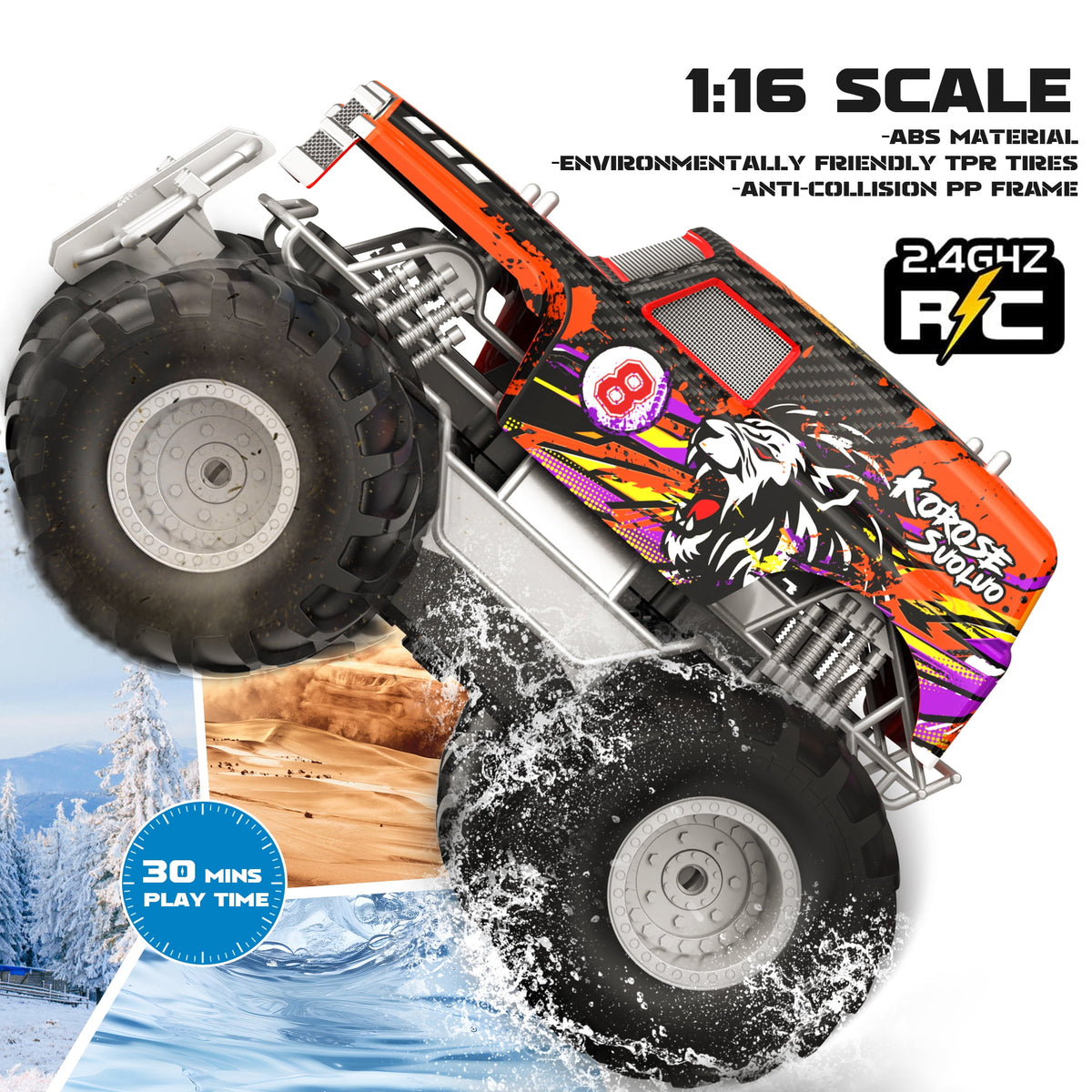 Amphibious Remote Control Car 2.4GHz 1:16 All Terrain Waterproof RC Monster Truck for Kids Pool Toys