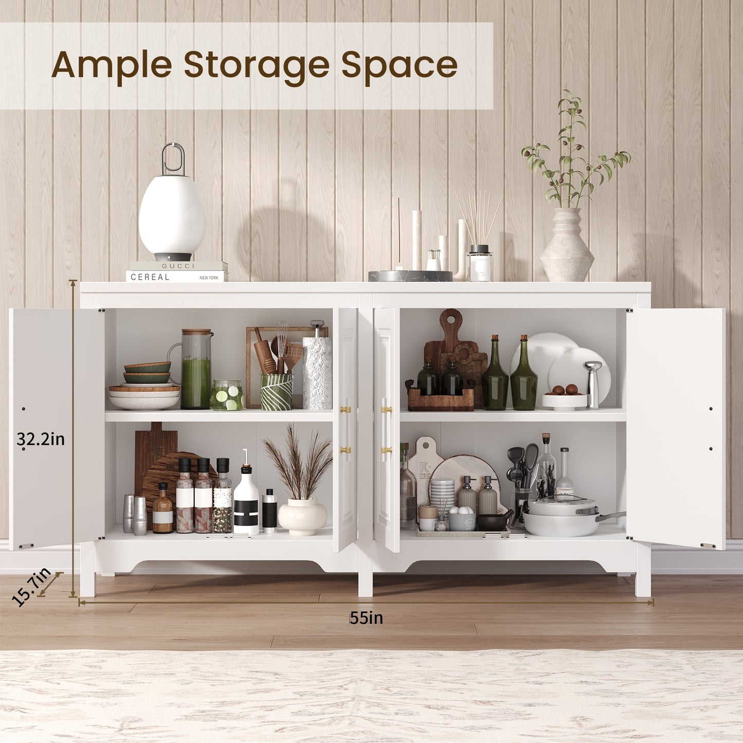 LAFGUR Buffet Sideboard Cabinet,Wood Kitchen Storage Cabinet with Adjustable Shelves,Modern Farmhouse Coffee Bar Cabinet for Kitchen, Dining Room, White