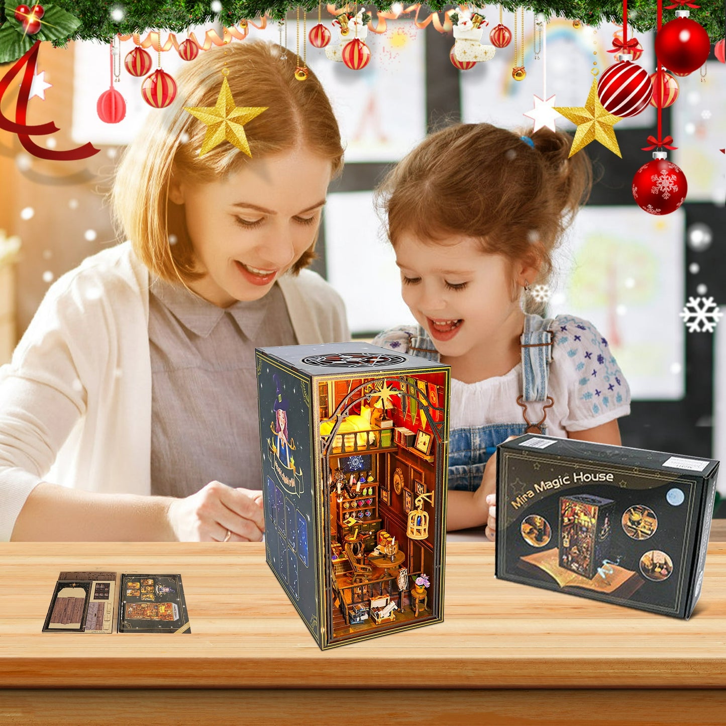 Crtynell Book Nook Kit Diy Miniature House, Wooden Bookshelf Magic House Miniature Kit With Led Light Decorative Bookends, Best Birthday And Christmas Gifts For Women And Girls