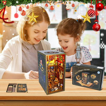 Crtynell Book Nook Kit Diy Miniature House, Wooden Bookshelf Magic House Miniature Kit With Led Light Decorative Bookends, Best Birthday And Christmas Gifts For Women And Girls