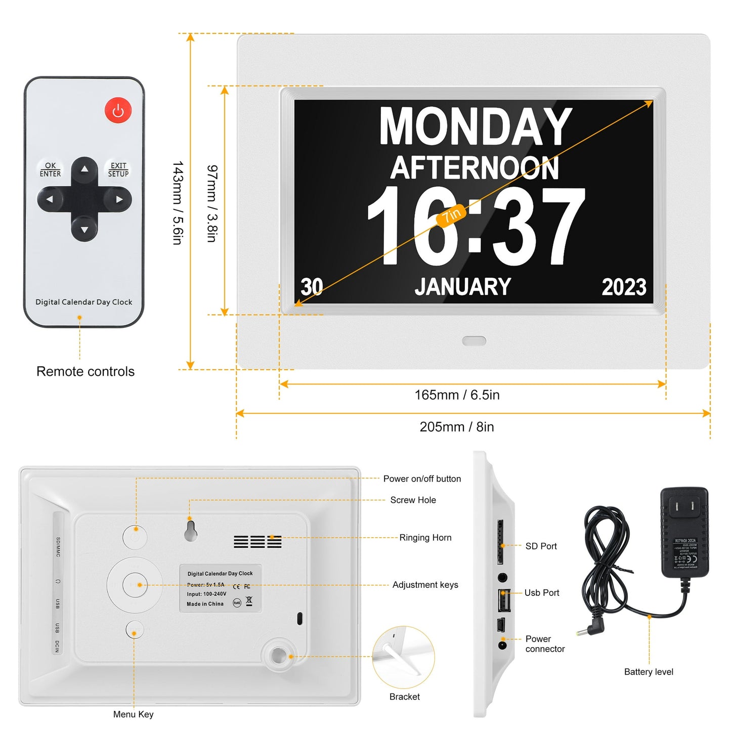 Crtynell Digital Day Calendar Clock Multifunctional Extra Large Dementia Digital Clock with 5 Alarms and Medication Reminders Impaired Vision Digital Clock (7" White)