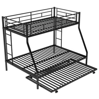 Twin over Full Bunk Bed with Trundle, Heavy-Duty Metal Triple Beds w/Two Side Ladders & Safety Guard Rail, 3 in 1 Bunk Beds for Kids Teens, Black