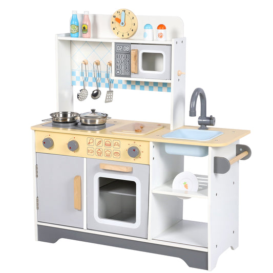 Kids Play Kitchen Wooden Pretend Toddler Toys Playset Gift with Realistic Design, Microwave Oven, Cabinets, Sink, Cooking Accessories for Girls Boys