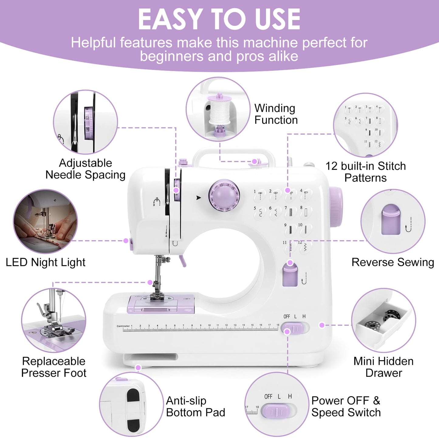 FAGINEY Portable Sewing Machine for Beginners with Extension table and Accessory Kit for Clothes Pillowcases Bed Sheets, 12 Stitches