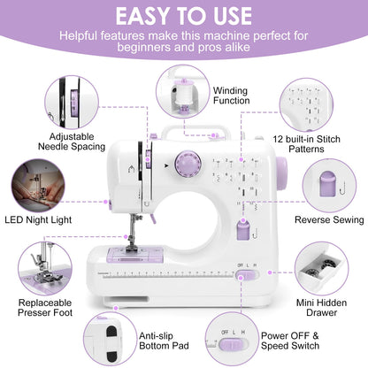FAGINEY Portable Sewing Machine for Beginners with Extension table and Accessory Kit for Clothes Pillowcases Bed Sheets, 12 Stitches