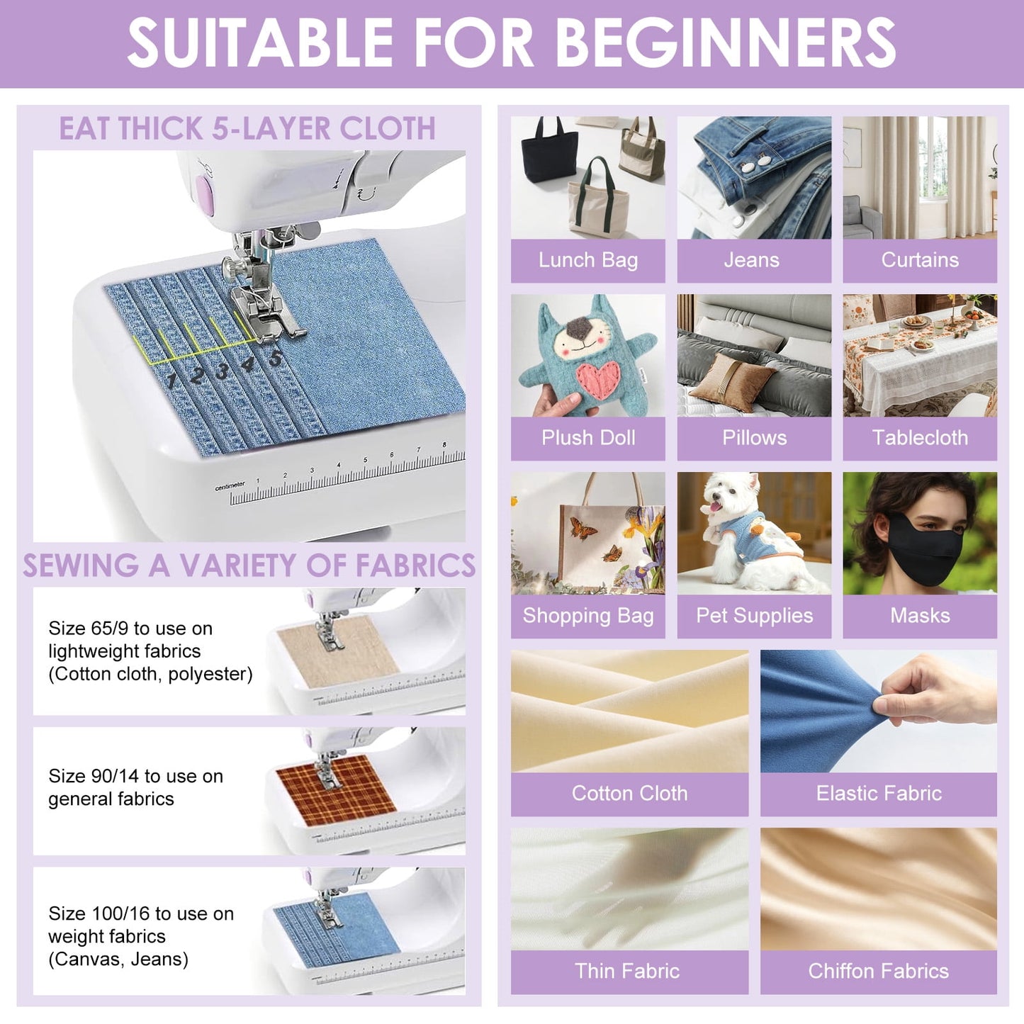 FAGINEY Portable Sewing Machine for Beginners with Extension table and Accessory Kit for Clothes Pillowcases Bed Sheets, 12 Stitches