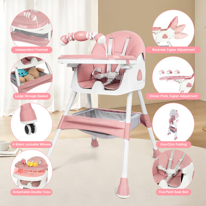 Loewten 4-in-1 Baby High Chair,Portable Folding Dining Chairs with Adjustable Height for Baby and Toddlers,Eat & Play with Five-Point,Pink