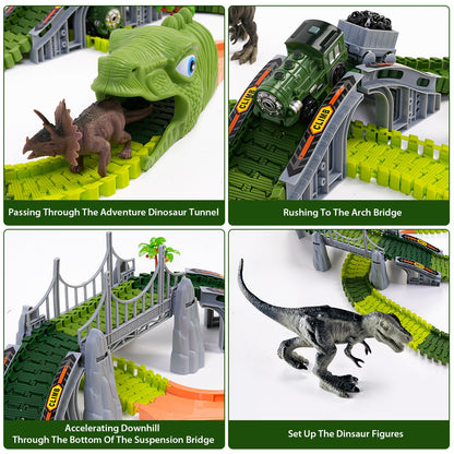 Dinosaur Toys Race Car Dinosaur Track Set For Kids, 275 Pcs Flexible Stem Playset Christmas Gifts For 3 4 5 6 7 8 Boys Girls