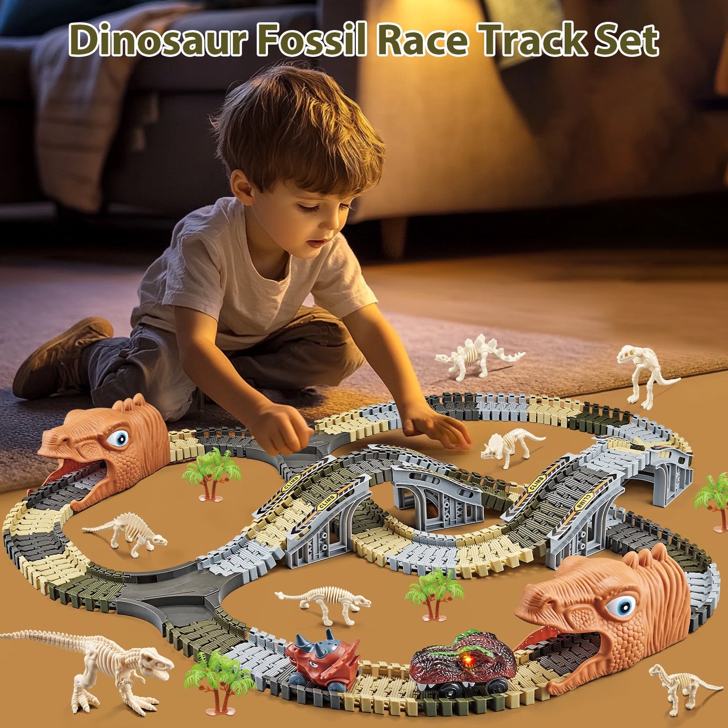 Dinosaur Toys Race Car Dinosaur Track Set For Kids, 271 Pcs Flexible Stem Playset Christmas Gifts For 3 4 5 6 7 8 Boys Girls