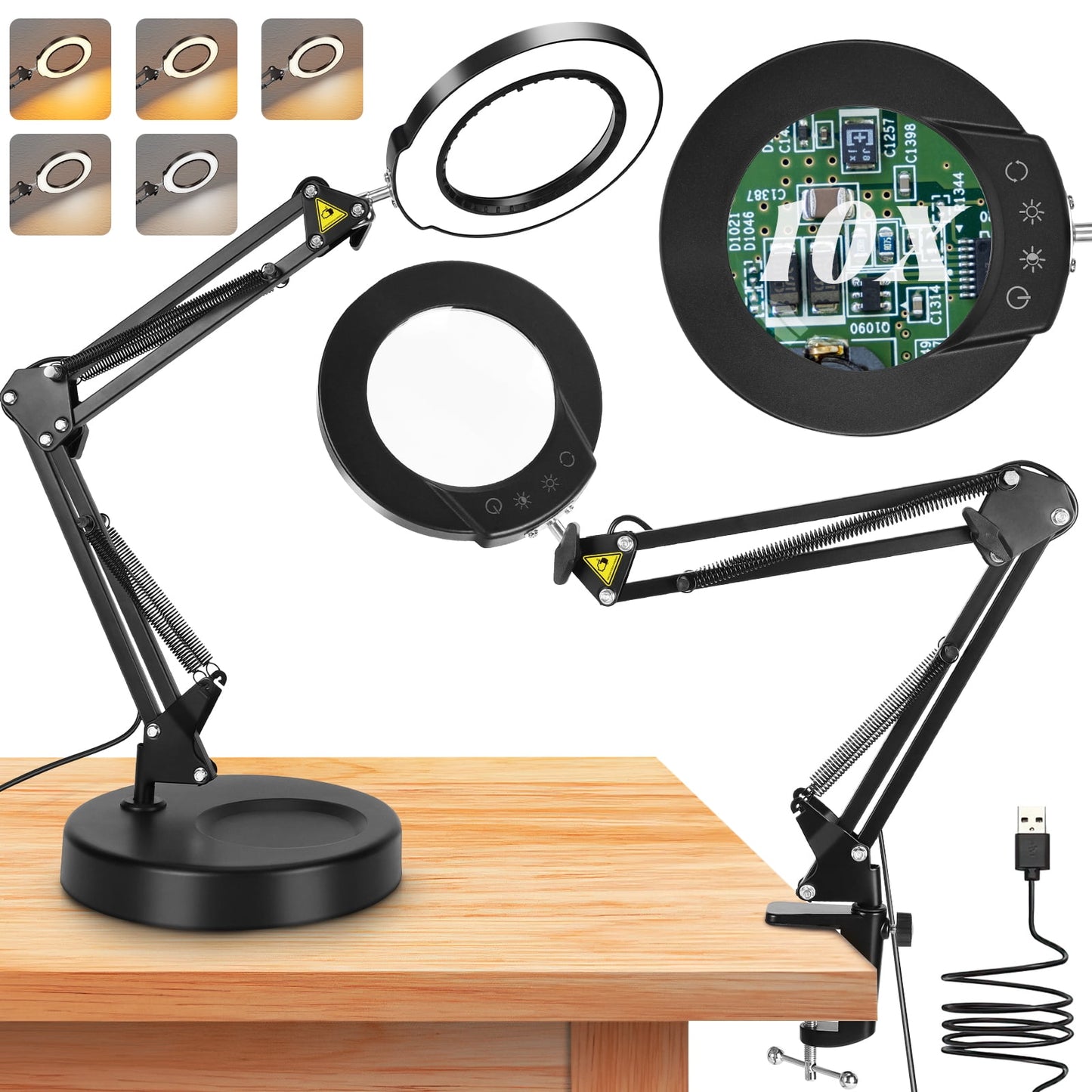 10x Magnifying Glass With Light And Stand, 3 Color Stepless Dimmable Magnifying Lamp, 2-In-1 Led Work Deak Lamp & Clamp, Lighted Magnifying Glass For Craft Hobby Reading Close Workbench