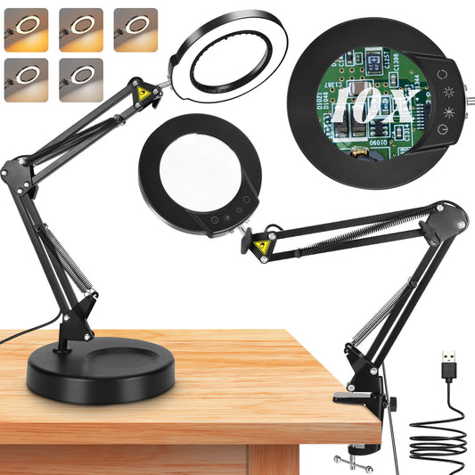 10x Magnifying Glass With Light And Stand, 3 Color Stepless Dimmable Magnifying Lamp, 2-In-1 Led Work Deak Lamp & Clamp, Lighted Magnifying Glass For Craft Hobby Reading Close Workbench