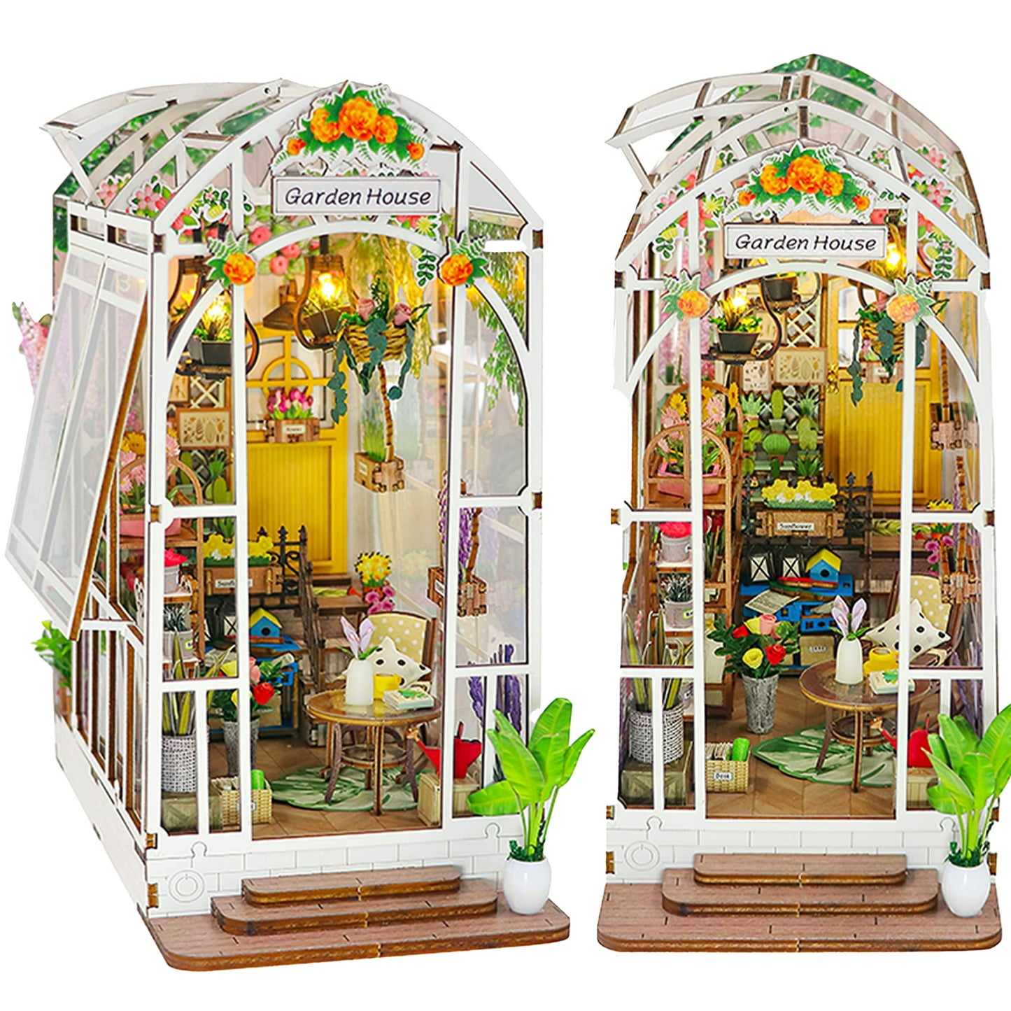 Crtynell Book Nook Kit Diy Miniature House, Wooden Bookshelf Garden Miniature Kit With Led Light Decorative Bookends, Best Birthday And Christmas Gifts For Women And Girls (Garden House)