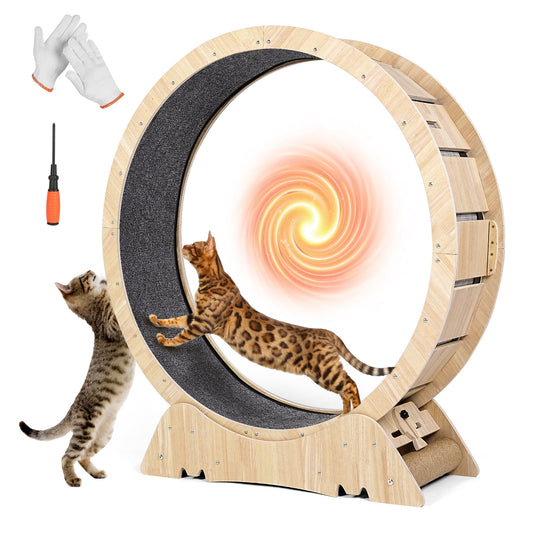 Cat Exercise Wheel for Indoor Cat, 45" Large XL Cat Running Wheel with Carpeted Runway, Cat Treadmill Wheel for Kitty’s Longer Life, Cat Wheel for Fitness Weight, Natural Wood Color,Teaser Cat Toys