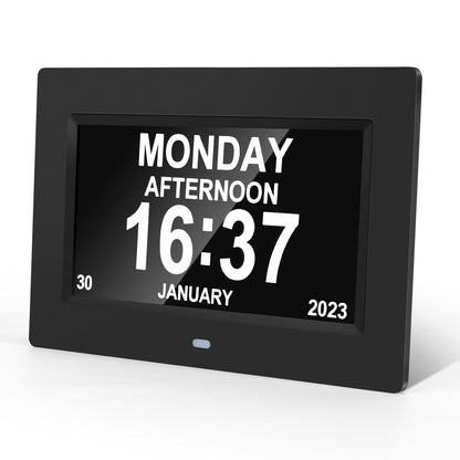 Crtynell Digital Day Calendar Clock Multifunctional Extra Large Dementia Digital Clock with 5 Alarms and Medication Reminders Impaired Vision Digital Clock (7" Black)