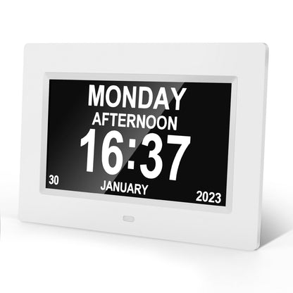 Crtynell Digital Day Calendar Clock Multifunctional Extra Large Dementia Digital Clock with 5 Alarms and Medication Reminders Impaired Vision Digital Clock (7" White)