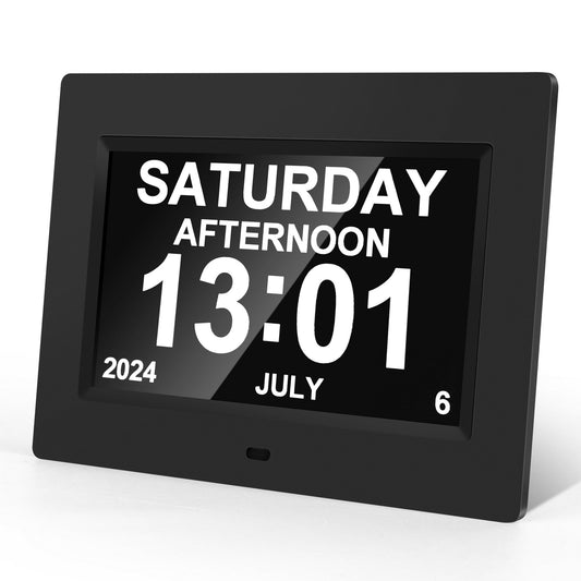 Crtynell Digital Day Calendar Clock Multifunctional Extra Large Dementia Digital Clock with 5 Alarms and Medication Reminders Impaired Vision Digital Clock (8" Black)