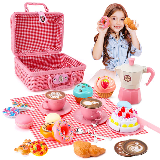 Crtynell Tea Party Set for Little Girls, 30 Pcs Picnic Basket Set with Carry Case, Teapot, Tea Cup, Dessert & Table Cloth, Pretend Play Toy Gifts for Kids 4 5 6 Year Old (Pink)