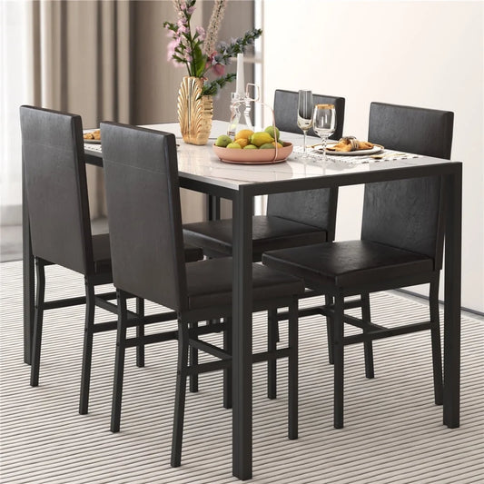 Dining Table Set with 4 Chairs, 5 Piece Modern Kitchen Table Sets with PU Leather Chairs, Faux Marble Pattern Rectangle Dining Room Table Set for Kitchen, Living Room, Restaurant