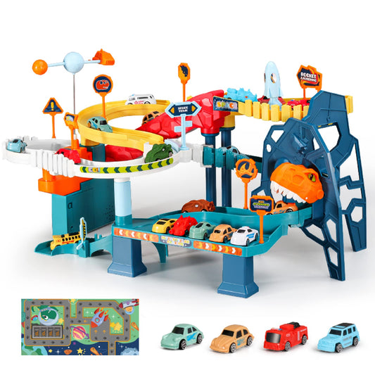 Dinosaur Rail Car Toys for Boys Monster Trucks Race Track Playset, Winding Highway Space Dinosaur Hill Toy Ramp Track Set, Lifting Parking Lot with 4 Mini Racer Cars Gifts for 3-9 Year Old Kids Girls