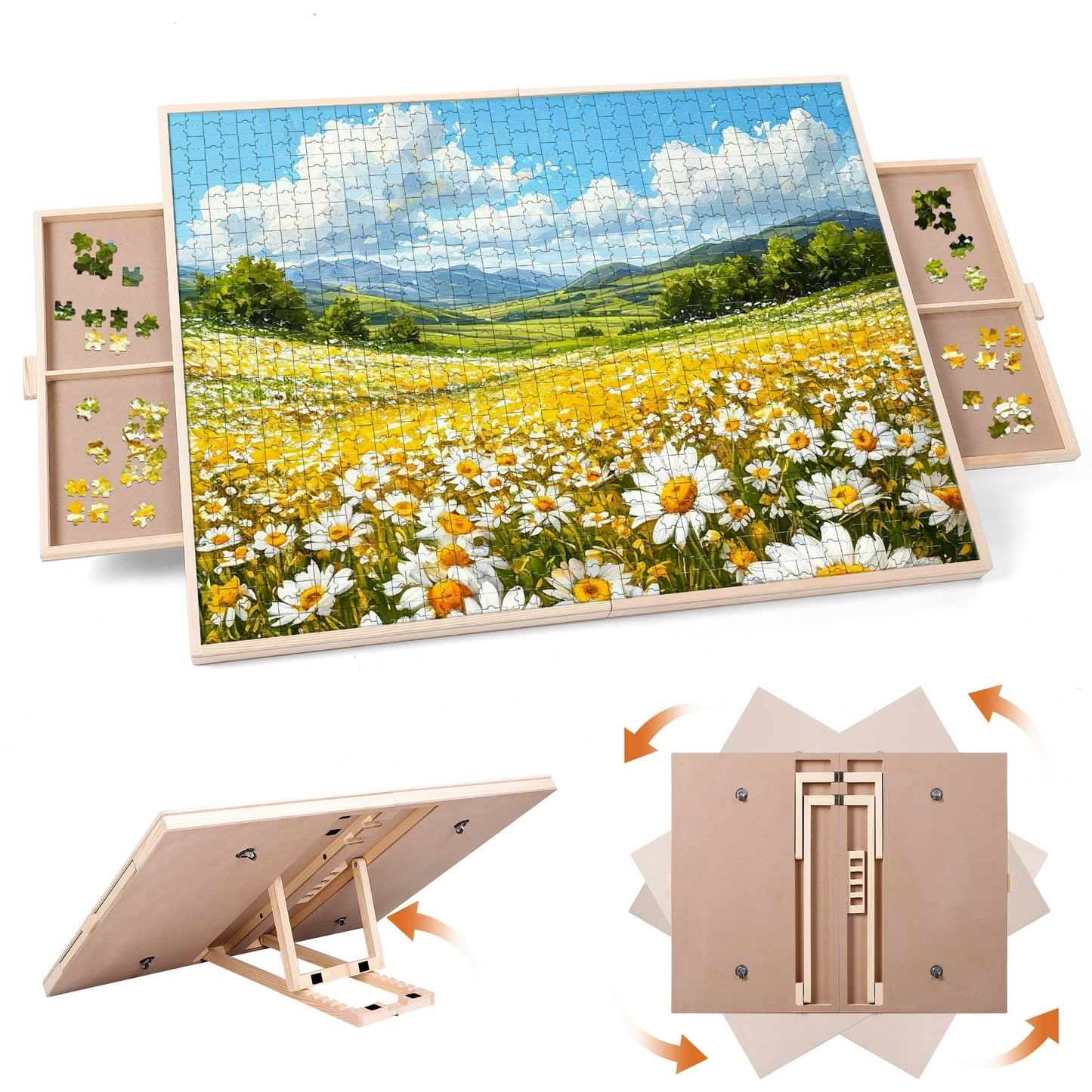KALNUR 1500 Pieces 2-in-1 Tilting & Rotating Puzzle Board for Adults Gifts, Wooden Jigsaw Puzzle Table with 2 Drawers, Portable Board with Lazy Susan and Cover, 25.2" x 34.2"