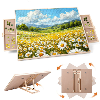 KALNUR 1500 Pieces 2-in-1 Tilting & Rotating Puzzle Board for Adults Gifts, Wooden Jigsaw Puzzle Table with 2 Drawers, Portable Board with Lazy Susan and Cover, 25.2" x 34.2"