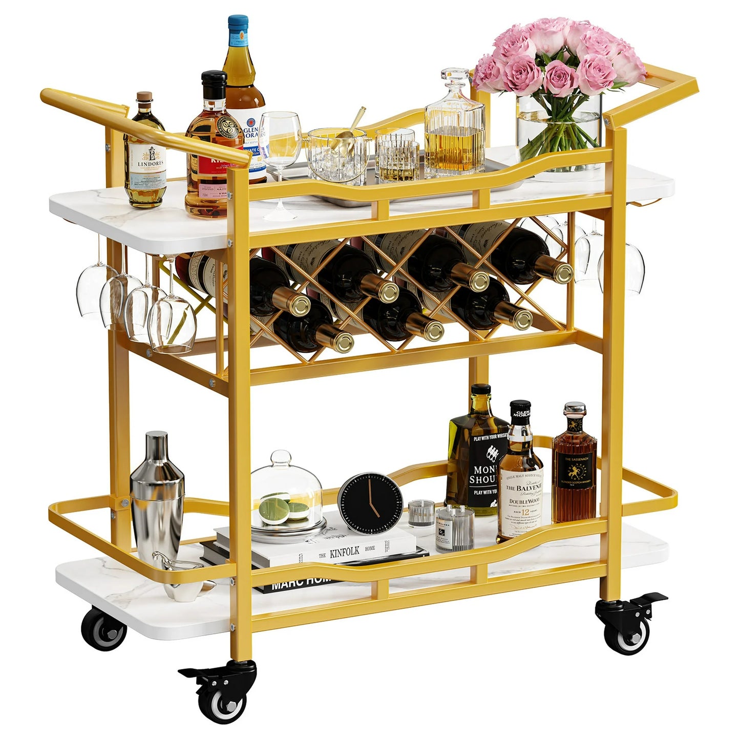 LAFGUR Rolling Bar Cart with Wheels, Beverage Serving Cart with Wine Racks and Glasses Holder, Coffee Bar Cart for The Home, Party Gold