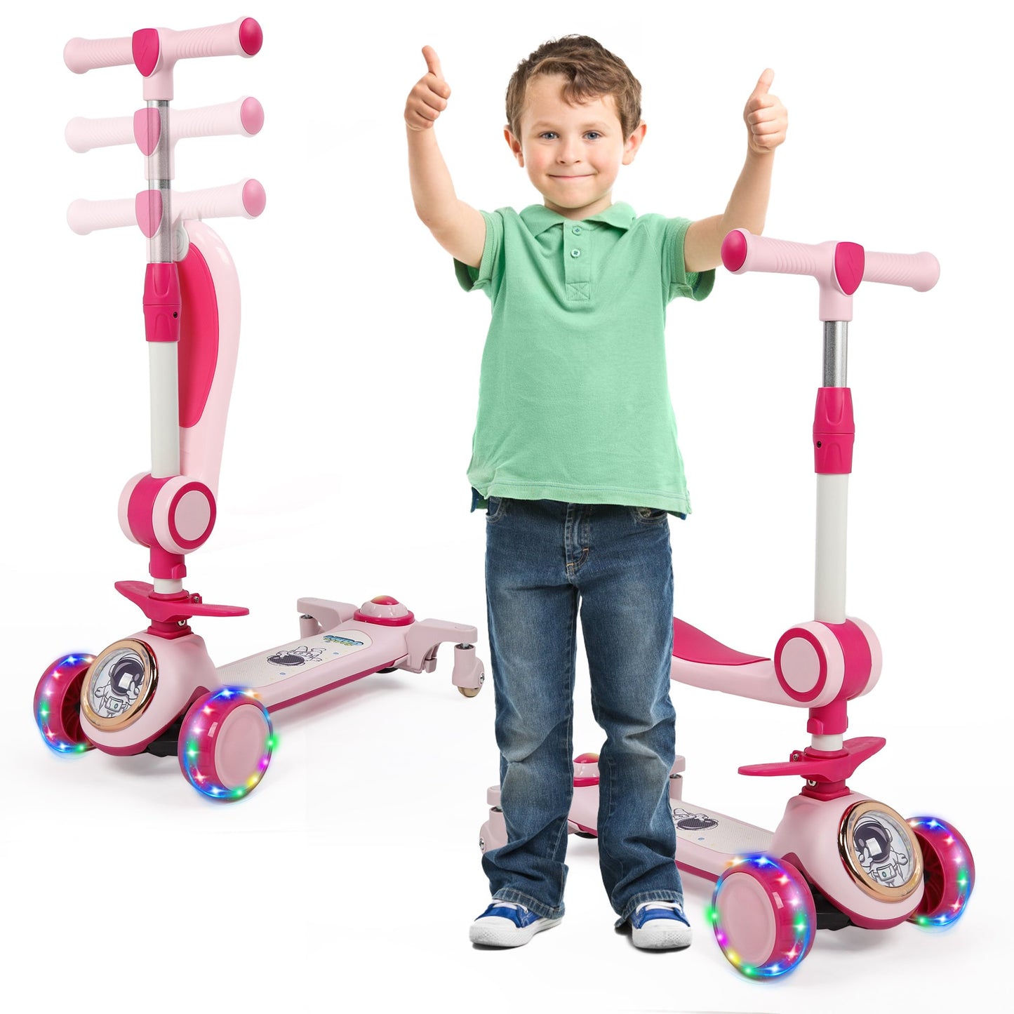 Kids Kick Scooter With 3 Light Up Wheels, Toddler Scooter With Adjustable Handlebars & Folding Seat For Boys/ Girls Up To 200lbs In Pink