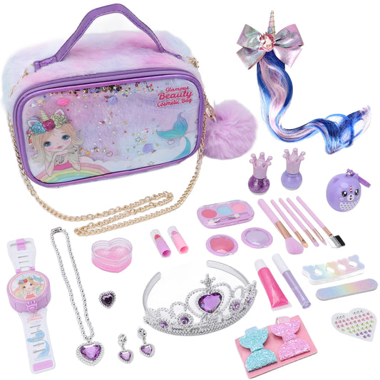 Kids Toy Makeup Set, Girls Fake Makeup Set, Kids Pretend Makeup Set With Princess Crown, Handbag, Wig And Other Girls Toys, Suitable For 3-12 Years Old Girls As Gifts For Birthday Christmas