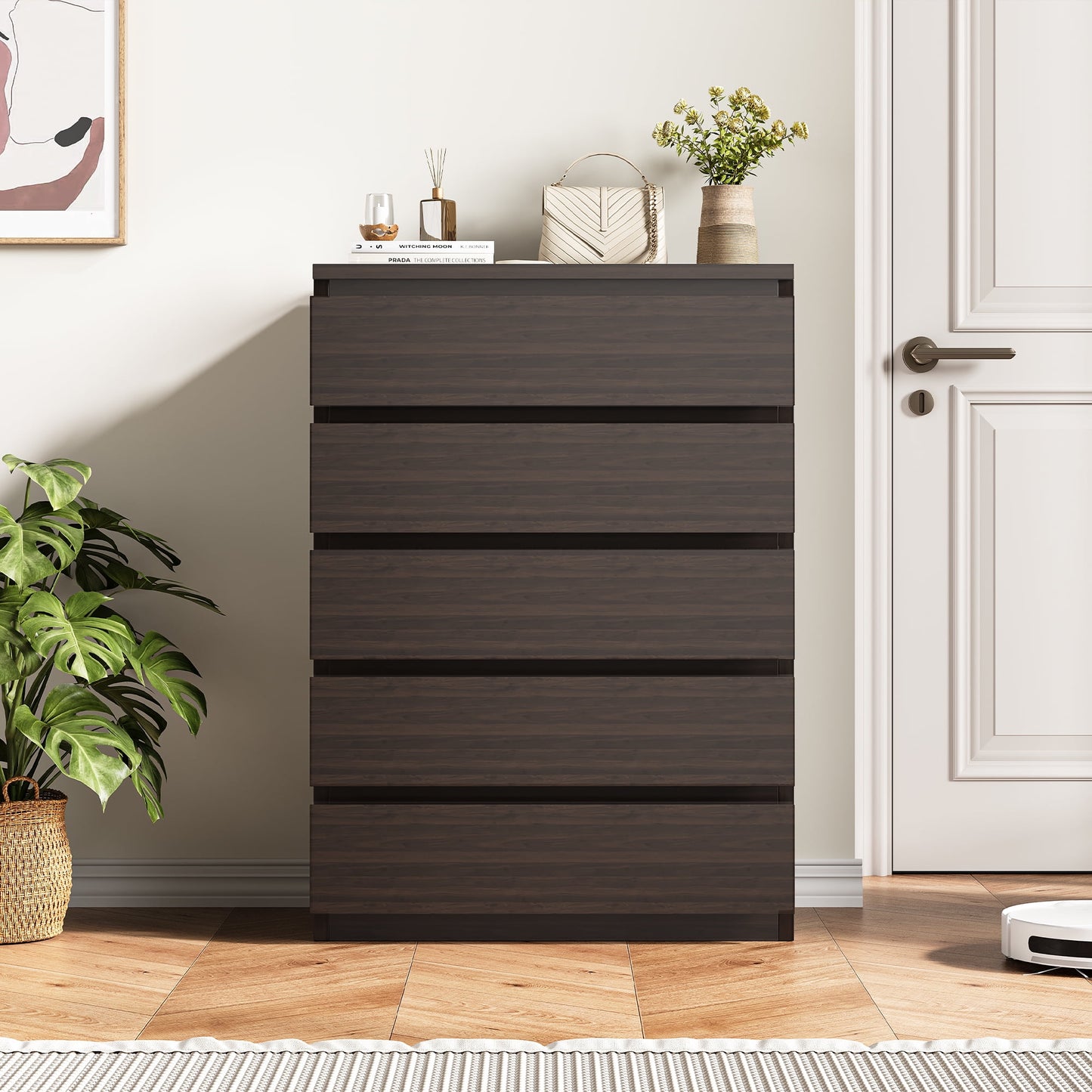 LAFGUR 5 Drawer Dresser for Bedroom, Modern Chest of Drawers, Wood Living Room Storage Cabinet,Black