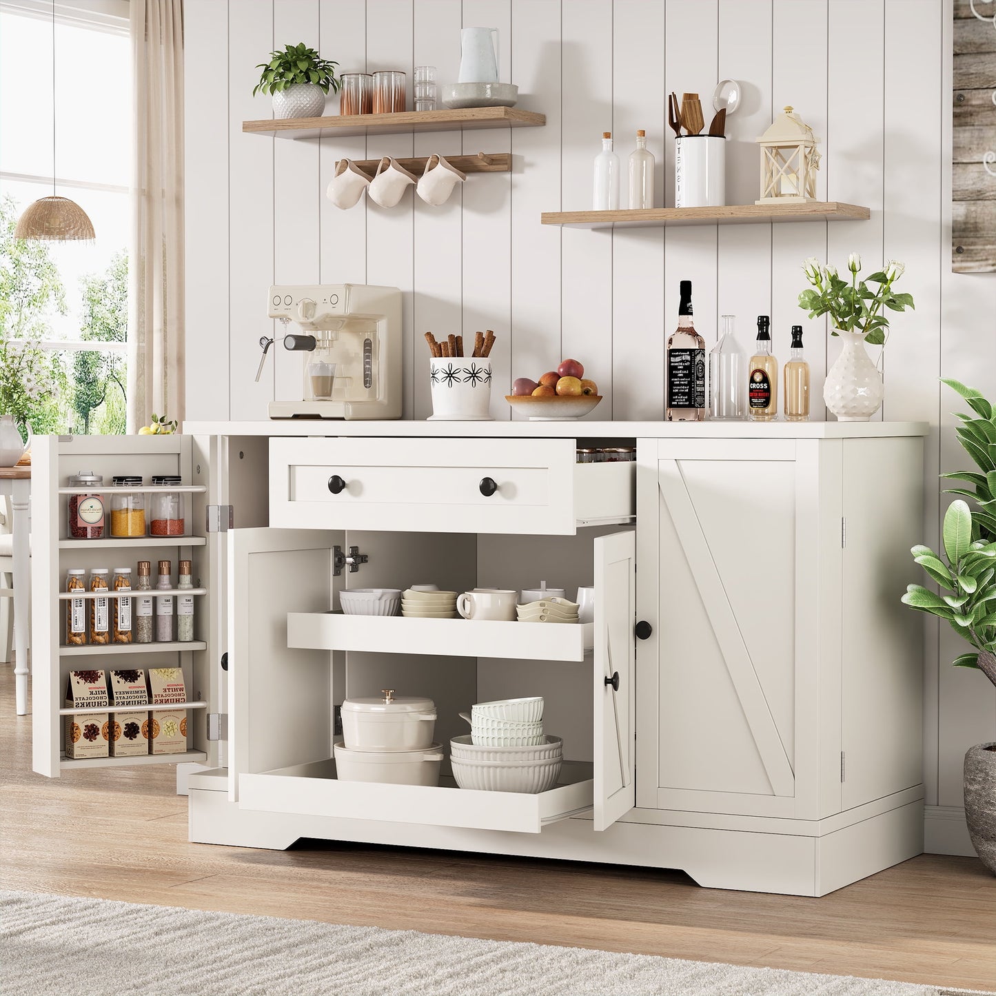 LAFGUR 54" Kitchen Storage Cabinet,Farmhouse Buffet Sideboard with Pull-Out Shelves & Drawer,White