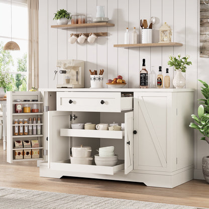 LAFGUR 54" Kitchen Storage Cabinet,Farmhouse Buffet Sideboard with Pull-Out Shelves & Drawer,White