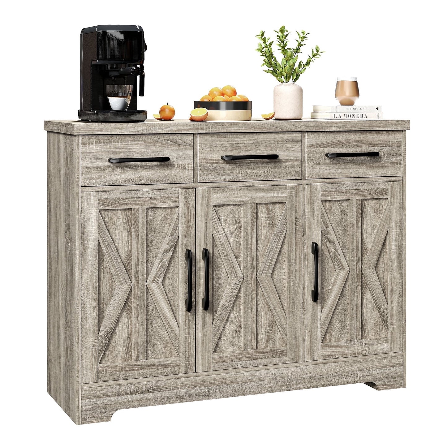 Kitchen Buffet Sideboard Cabinet, 3 Drawers Farmhouse Coffee Bar Storage Cabinet with Adjustable Shelf, White-5539725456