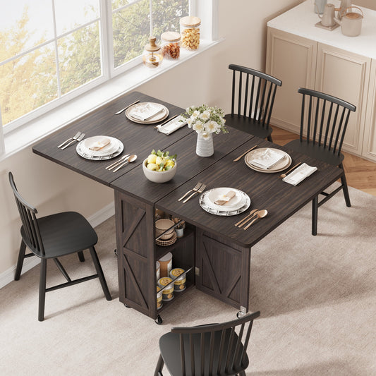 LAFGUR Folding Dining Table with 2 Storage Racks,Drop Leaf Tables with 6 Wheels,Multifunction Expandable Table for Kitchen,Bedroom,Living Room