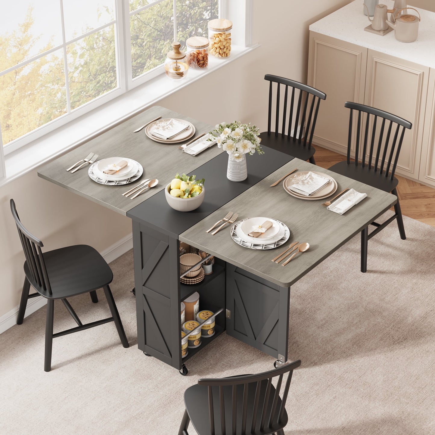 LAFGUR Folding Dining Table with 2 Storage Racks,Drop Leaf Tables with 6 Wheels,Multifunction Expandable Table for Kitchen,Bedroom,Living Room