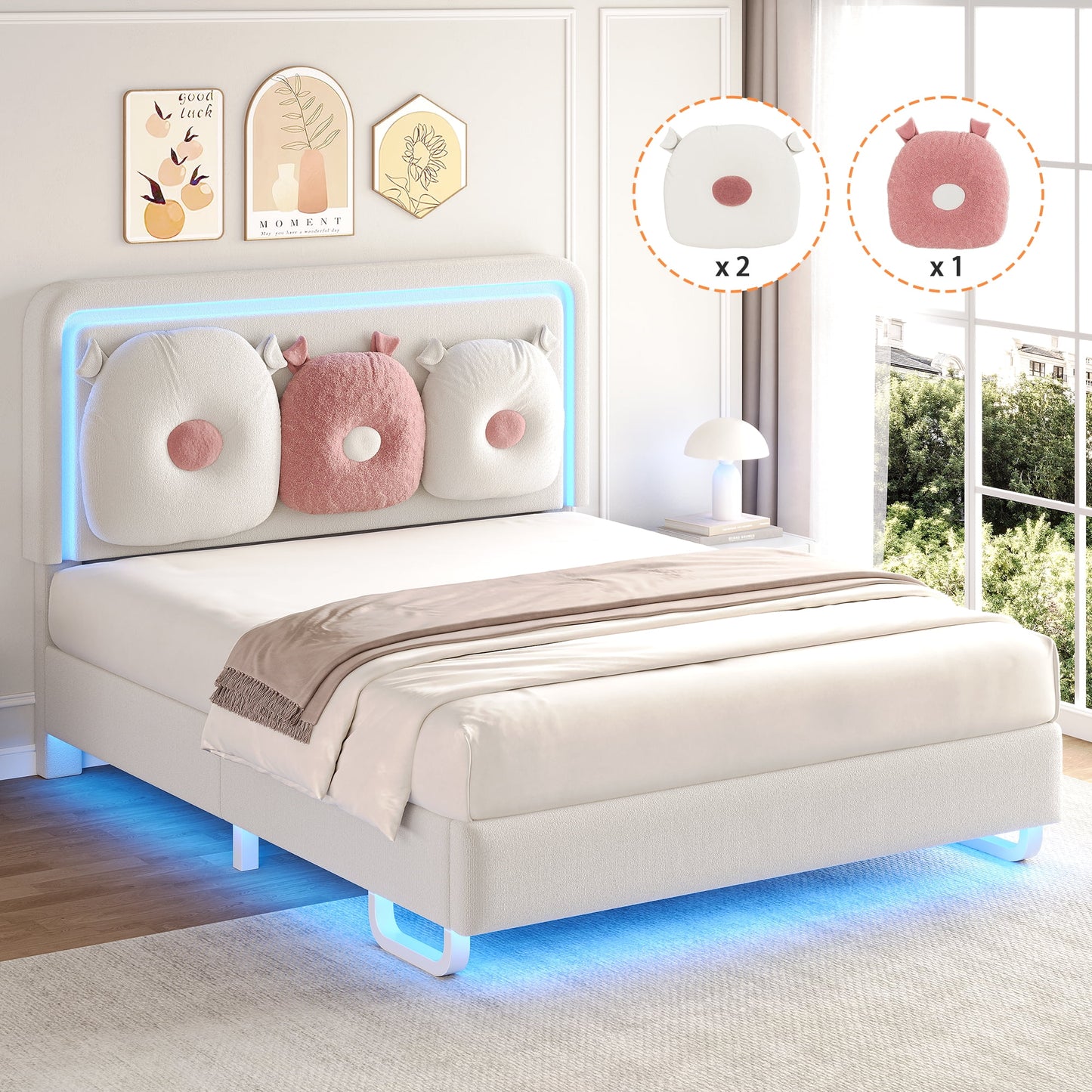 LAFGUR Twin Size Upholstered Bed Frame with LED Lights,Boucle Princess Platform Bed with Adjustable Headboard and Removable Pillows